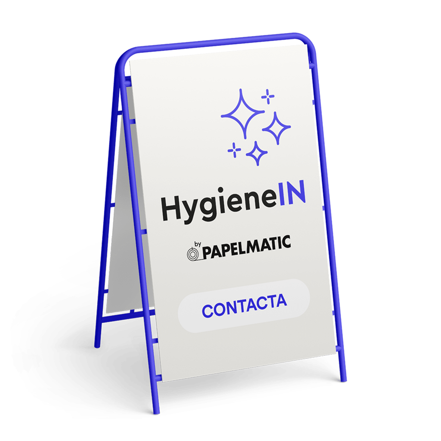 Cartel con los logotipos de HygieneIN y Papelmatic que invita a contactar
